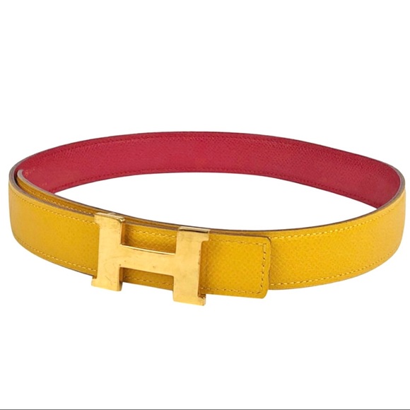 HERMES Narrow H Yellow Red Reversible Leather Belt - Picture 8 of 8